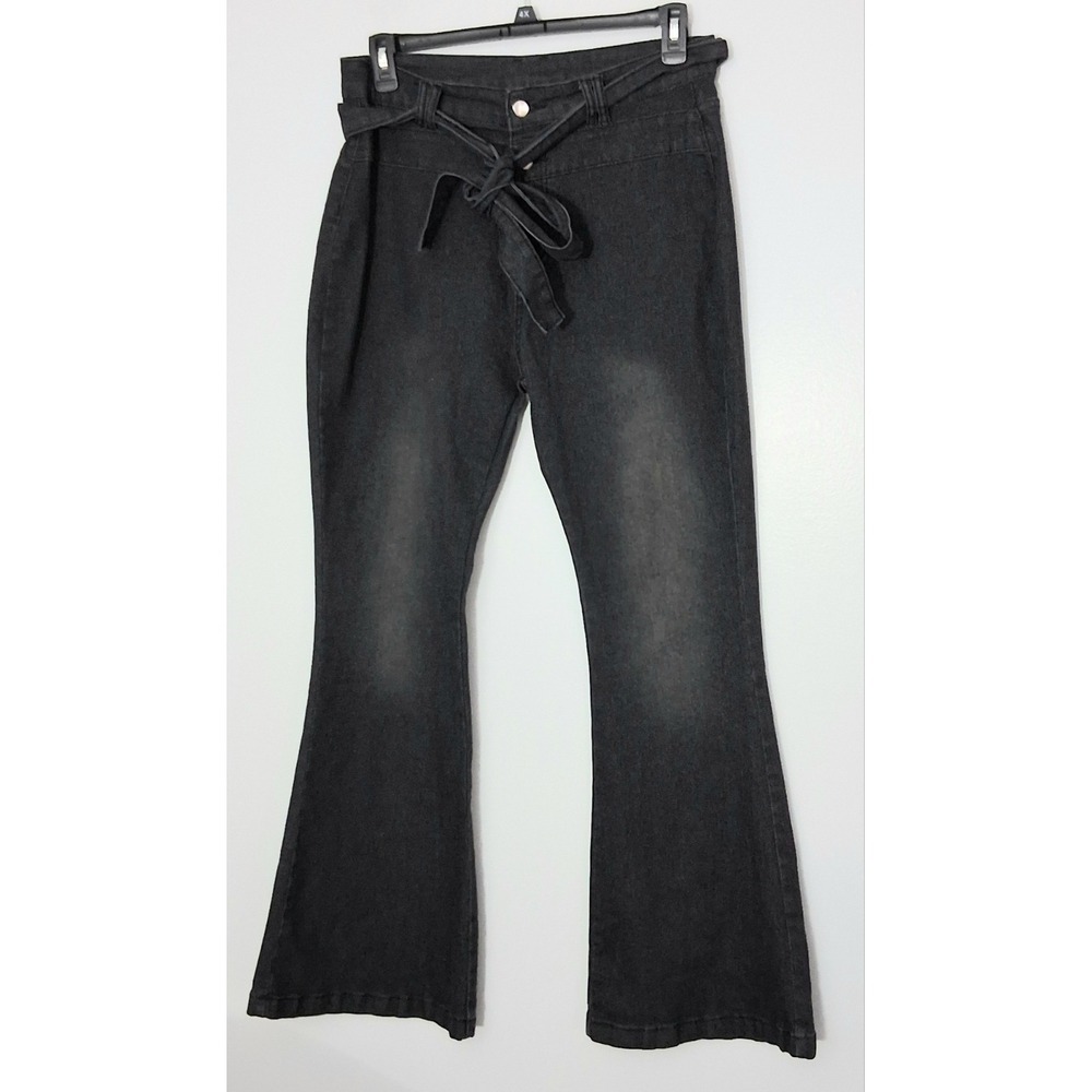 Flare‎ Jeans Women's Size XL* Black Belted Button Zip Hippie Bohemian Y2K Boho